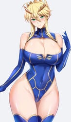 1girls artoria_pendragon artoria_pendragon_(lancer) bangs bare_hips bare_shoulders big_breasts blonde_hair blue_gloves blue_legwear blue_leotard blush braid breasts cleavage cleavage_cutout clothing_cutout collared_leotard covered_navel crown curvy elbow_gloves eyebrows_visible_through_hair fate/grand_order fate_(series) female female_only french_braid gloves green_eyes hair_between_eyes hair_ornament highleg highleg_leotard huge_breasts kumakichi_(cost-lost) large_breasts legs_together leotard long_hair looking_at_viewer seductive_smile shiny shiny_hair shiny_skin sidelocks skin_tight skindentation smile solo solo_female thick_thighs thighhighs thighs voluptuous