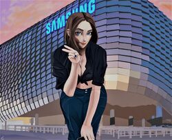 1girls bare_midriff blue_eyes brown_hair cleavage crop_top female female_focus female_only samsung samsung_sam short_hair skyl4nd sleeves_rolled_up solo tagme tied_shirt
