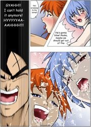 asuka_langley_sohryu blonde_hair blush comic crossover cum dragon_ball dragon_ball_z male/female muscular muscular_male neon_genesis_evangelion rei-ku rei_ayanami saiyan son_goku sulca threesome