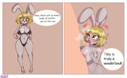 1girls absurd_res anthro big_breasts blonde_hair blowjob blush bra carrot_(one_piece) clothed clothing color colored eyelashes faceless_male fellatio female female_focus heart hi_res highres lewnoli male midriff naked nipples nude nude_female one_piece paizuri panels panties penis pinup rabbit rabbit_ears rabbit_humanoid speech_bubble sucking sweat sweatdrop text thick_thighs titjob