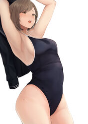 absurdres akito_(d30n26) armpits arms_up bangs blush breasts brown_eyes brown_hair cowboy_shot female highres looking_at_viewer medium_breasts mole mole_under_mouth one-piece_swimsuit open_mouth original school_swimsuit sidelocks simple_background solo swimsuit undressing upper_teeth white_background