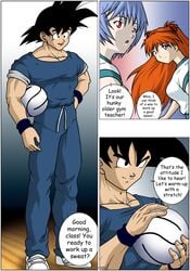 asuka_langley_sohryu black_eyes black_hair blue_eyes blue_hair clothing comic crossover dragon_ball dragon_ball_z male/female muscular muscular_male neon_genesis_evangelion orange_hair red_eyes redhead rei-ku rei_ayanami saiyan son_goku sulca threesome