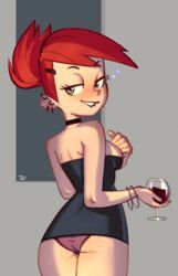 bare_shoulders biting_lip blush cartoon_network choker clothed dress drunk earrings foster's_home_for_imaginary_friends frankie_foster lip_biting panties red_eyes tagme teelokay_(artist) wine