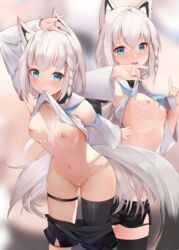 1girls after_vaginal animal_ear_fluff animal_ears areolae blue_eyes blush breasts cum cum_on_breasts female female_only fox_ears fox_girl fox_tail hololive hololive_gamers hololive_gen_1 hololive_japan kemonomimi kitsune looking_at_viewer mujinbi nipples pussy shirakami_fubuki shirt_lift shorts small_breasts tagme tail thighs undressing virtual_youtuber white_hair