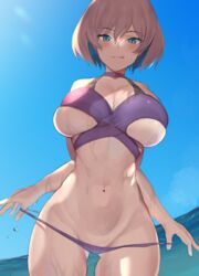 :q bare_shoulders bikini blue_eyes blue_sky blush breasts brown_hair cleavage day dot_nose eyebrows_visible_through_hair eyelashes female from_above gatchan gridman_universe hair_between_eyes highres impossible_clothes large_breasts licking_lips looking_at_viewer mujina naughty_face navel ocean pulling purple_bikini short_hair sky solo ssss.dynazenon standing stomach swimsuit tongue tongue_out underboob water wet