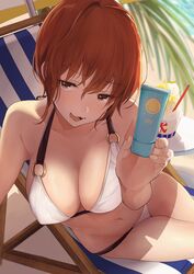 :d akito_(d30n26) arm_support bangs beach_umbrella bikini blush bottle breasts brown_eyes brown_hair chair cleavage eyebrows_visible_through_hair female groin highres holding holding_bottle large_breasts looking_at_viewer lounge_chair nagi_(akito) navel o-ring o-ring_bikini open_mouth original outdoors shade short_hair sidelocks sitting smile solo stomach swimsuit table thighs umbrella white_bikini