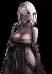 bangs bare_shoulders black_dress blue_eyes body_markings breasts cleavage collarbone dark-skinned_female dark_elf dark_skin detached_sleeves dress earrings elf facial_mark hand_up jewelry large_breasts looking_at_viewer necklace original parted_lips pelvic_curtain pointy_ears short_hair sidelocks smile solo streaked_hair white_hair yurichtofen