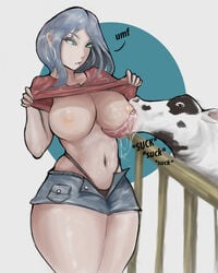 2girls big_breasts bovine breast_sucking breastfeeding busty daisy_dukes erinhere3 exposed_breasts human_breastfeeding_animal interspecies jean_shorts long_tongue presenting_breasts saliva short_shorts shorts sucking thong whale_tail zoophilia