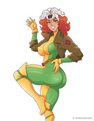 1girls ass big_ass bodysuit bodysuit_and_jacket bodysuit_under_clothes boobs_and_butt_pose brown_hair erect_nipples female female_only gloves green_eyes grin jacket long_hair looking_at_viewer marvel marvel_comics nipples_visible_through_clothing one_leg_up plain_background rogue_(x-men) skin_tight smile solo superheroine toksie two_tone_hair waving white_background white_hair x-men