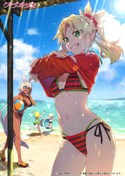 4girls bare_legs beach bikini blonde_hair caenis_(fate) caenis_(swimsuit_rider) caenis_(swimsuit_rider)_(fate) cowboy_shot dark-skinned_female dark_skin fate/apocrypha fate/grand_order fate_(series) female female_focus green_eyes high_ponytail jeanne_d'arc_(alter_santa_lily) jeanne_d'arc_(fate) looking_at_viewer midriff mordred_(fate) multiple_girls outdoors paul_bunyan_(fate) ponytail redrop shirt_lift side-tie_bikini small_breasts stomach swimsuit thighs toned toned_female