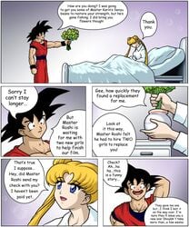 bishoujo_senshi_sailor_moon blonde_hair clothing comic crossover dialogue dialogue_bubble dragon_ball dragon_ball_z female flowers goku male male/female muscular muscular_male saiyan son_goku sulca usagi_tsukino