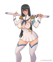 1girls areola_slip areolae black_hair blue_eyes breasts breasts_out censored female female_only heart_censor junketsu kill_la_kill kiryuuin_satsuki long_hair looking_at_viewer plain_background solo sword sword_over_shoulder thighhighs toksie white_background zettai_ryouiki