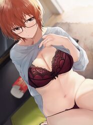 akito_(d30n26) bangs blush box bra breasts cleavage closed_mouth clothes_lift commentary_request dutch_angle female food glasses grey_sweater indoors lace lace_bra large_breasts lifted_by_self midriff nagi_(akito) navel orange_hair original panties pocky red_bra short_hair sweater sweater_lift table television underwear