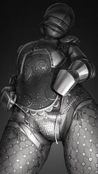 1girls absurdres armor bevor brigandine_armor chainmail couter female female_knight flat_chest from_below full_armor gauntlets helmet highres knight medieval_armour rerebrace sallet simple_background solo spaulders thighs vambraces wassnonnam