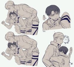 2boys attack_on_titan bent_over black_hair black_hair_bottom blonde_hair blonde_hair_on_black_hair blonde_hair_top blowjob censor_bar censored censored_penis cheek_bulge cheek_poke clothing domination erwin_smith eyes_closed face_in_chest fellatio fingers_in_mouth gay genitals hand_on_hip hip_grab implied_anal implied_penetration implied_sex levi levi_ackerman light_hair_on_dark_hair male male/male male_only monochrome oral oral_sex penis penis_in_mouth shingeki_no_kyojin white_background yaoi