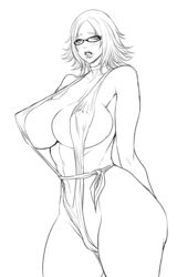 big_ass big_breasts blush cameltoe chinbotsu choker erect_nipples eyebrows eyebrows_visible_through_hair female female_only glasses line_art lips looking_at_viewer monochrome revealing_clothes short_hair sideboob tagme thick_lips toned