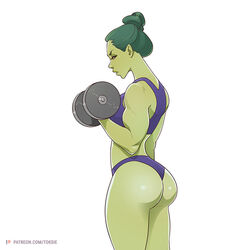 1girls ass big_ass dat_ass female female_only frown green_hair green_skin gym_clothes hulk_(series) looking_at_viewer marvel marvel_comics muscular_arms muscular_female plain_background she-hulk shiny_ass solo tied_hair toksie weightlifting weights white_background