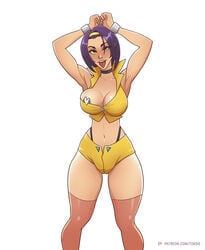 1girls areola_slip areolae breasts censored choker cleavage cowboy_bebop cuffs faye_valentine female female_only green_eyes hairband hands_above_head heart_censor human large_breasts looking_at_viewer navel nipple_piercing nipple_slip open_mouth pale-skinned_female pale_skin plain_background purple_hair revealing_clothes short_hair shorts skimpy skimpy_clothes smile solo thick_thighs thighhighs toksie tongue_out white_background