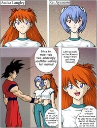 asuka_langley_sohryu blonde_hair clothing comic crossover dragon_ball dragon_ball_z goku male/female muscular muscular_male neon_genesis_evangelion rei-ku rei_ayanami saiyan son_goku sulca threesome