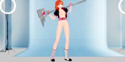 1girls 3d belt boots breasts female functionally_nude functionally_nude_female gloves green_eyes hammer jacket legs_apart lights long_hair nihilus_zk nora_valkyrie orange_hair photography_class pose pussy rwby sleeves smile solo solo_female standing weapon weapon_over_shoulder