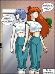 2girls asuka_langley_sohryu bishoujo_senshi_sailor_moon blue_hair clothing comic dialogue dialogue_bubble dragon_ball dragon_ball_z female_only neon_genesis_evangelion red_hair rei_ayanami small_breasts sulca