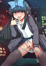 absurdres bangs bar_censor black_eyes black_hair black_legwear black_neckwear black_ribbon black_skirt blue_bow blunt_bangs blush bow bow_panties censored city_lights clothes_lift collared_shirt commentary cookie_(touhou) earrings eyebrows_visible_through_hair feet_out_of_frame female highres hime_cut jacket jewelry kagemi_riomone lifted_by_self long_hair looking_at_viewer neck_ribbon open_mouth panties panty_pull pointless_censoring pulled_by_self purple_jacket pussy red_bow ribbon shirt shunga_youkyu sidelocks skirt skirt_lift solo star_(symbol) star_earrings star_sapphire_(touhou) thighhighs touhou underwear upper_teeth white_panties white_shirt