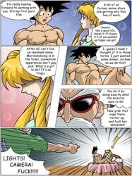 bishoujo_senshi_sailor_moon blonde_female blonde_hair clothing comic crossover dialogue dialogue_bubble dragon_ball dragon_ball_z female glasses goku male male/female master_roshi muscular muscular_male ntr nude_male saiyan son_goku sulca usagi_tsukino