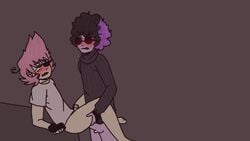 2boys alucard_(newgrounds) biting_own_lip black_hair blush bottomless cyclops_(newgrounds) earrings eyepatch gay glasses male_only pico's_school pink_hair purple_hair purple_skin table white_shirt yaoi