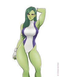 1girls armpit artist_name big_breasts cameltoe clothed female female_only fingerless_gloves green_body green_eyes green_hair green_skin hand_behind_head hourglass_figure hulk_(series) large_breasts leotard long_hair looking_at_viewer marvel marvel_comics pinup plain_background she-hulk solo thick_thighs thighs tight_clothing toksie white_background wide_hips