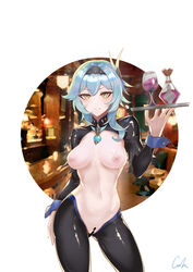 1girls alcohol blue_hair breasts drink eula_(genshin_impact) female female_only genshin_impact hi_res looking_at_viewer love_potion medium_breasts nipples pussy reverse_bunnysuit reverse_outfit smile solo waitress yellow_eyes