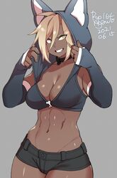 abs big_breasts blonde_hair choker cleavage collar curvy dark-skinned_female dark_skin fangs hoodie looking_at_viewer midriff muscles muscular muscular_female original ryo_agawa shorts yellow_eyes