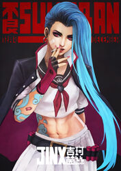 abs blue_hair gloves jinx_(league_of_legends) league_of_legends looking_at_viewer monorirogue red_eyes skirt smoking sukeban tattoo