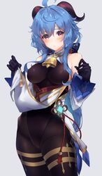 blue_hair cameltoe female_only ganyu_(genshin_impact) genshin_impact gloves hechi_(hechi322) horns lifting_clothing looking_at_viewer rosy_cheeks solo_female visible_nipples