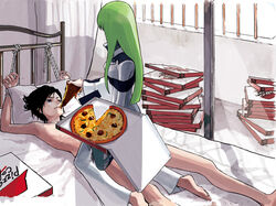 1boy 1girls aturou0129 bed bondage bound bound_wrists c.c. clothed_female clothed_female_nude_male code_geass cowgirl_position femdom food force_feeding green_hair lelouch_lamperouge long_hair male malesub nude_male pizza pizza_box pizza_hut reverse_rape slave straight