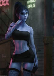 1girls 3d amelie_lacroix artist_name black_clothing blue_hair blue_skin clothed crop_top female female_only fishnet_stockings fishnets looking_at_viewer miniskirt navel off_shoulder one_shoulder_top overwatch ponytail revealing_clothes skimpy skimpy_clothes skirt solo stockings therealzoh thick_lips tied_hair widowmaker zoh