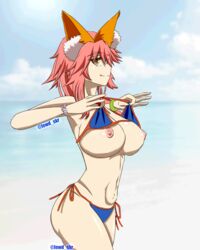 animal_ear_fluff animal_ears ass bangs bare_shoulders beach bikini blue_bikini blue_sky bracelet breasts cleavage day erect_nipples fate/grand_order fate_(series) female fox_girl fox_tail hair_between_eyes high_resolution huge_breasts jewelry kitsunemimi large_breasts large_thighs liquid long_hair looking_at_viewer navel nipples nude ocean pink_hair ramune seakerzx sidelocks sky smile swimsuit tail tamamo_no_mae_(fate) tamamo_no_mae_(swimsuit_lancer) thighs tongue tongue_out twitter twitter_username very_high_resolution watermark yellow_eyes