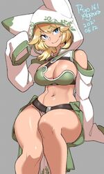 1girls big_breasts blonde_hair blue_eyes breasts cleavage clothing curvy female female_only hoodie long_sleeves looking_at_viewer midriff navel original ryo_agawa sitting smile solo thick_thighs wide_hips