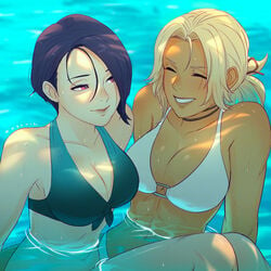 2girls abs alternate_costume bikini blonde_hair blue_bikini blue_hair blue_swimsuit breasts catherine_(fire_emblem) chocolate_and_vanilla cute dark-skinned_female dark_skin female female_only fire_emblem fire_emblem:_three_houses front-tie_bikini front-tie_top happy human human_only koyorin light_blush multiple_girls nintendo o-ring o-ring_bikini partially_submerged shade shamir_nevrand smile swimsuit toned water wet white_bikini white_swimsuit wholesome yuri