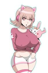 1girls alternate_breast_size big_breasts danganronpa danganronpa_2:_goodbye_despair eyelashes female female_focus female_only headphones huge_breasts large_breasts midriff monomi_(danganronpa) nanami_chiaki naver nipple_bulge partially_clothed pink_eyes shorts stockings stomach straight_hair super_danganronpa_2 thick_thighs thighhighs thighs