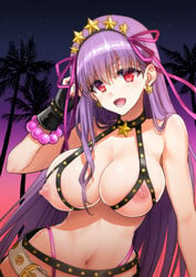 1girls :d bangs bare_shoulders bb_(fate) bb_(swimsuit_mooncancer) bead_bracelet beads belt black_garter_belt black_gloves blush bracelet breasts cleavage collarbone commentary_request cupless_bikini fate/grand_order fate_(series) female fingerless_gloves gloves gradient_sky hair_ornament hair_ribbon hairband highres jewelry large_breasts long_hair looking_at_viewer loose_belt navel night nipples open_mouth orange_sky palm_tree puffy_nipples purple_hair purple_sky red_eyes ribbon sky smile star_(sky) star_(symbol) star_hair_ornament starry_sky studded_garter_belt tree twilight very_long_hair white_belt youshuu