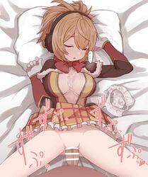 after_paizuri animal_ears bar_censor blonde_hair bow bowtie breasts breasts_apart brown_hairband censored clothes_lift cum cum_bridge cum_on_body cum_on_breasts fake_animal_ears female gloves grey_gloves hairband hands_up highres large_breasts lying medium_hair megido72 on_back on_bed orange_skirt panties panties_removed parted_lips penis pillow red_bow red_neckwear sex shax_(megido72) skirt skirt_lift sleep_molestation sleeping straight sumiyao_(amam) underwear vaginal_penetration white_panties