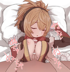 animal_ears bar_censor blonde_hair bow bowtie breast_squeeze breasts brown_hairband censored clothes_lift fake_animal_ears female gloves grey_gloves hairband hands_up highres large_breasts lying medium_hair megido72 nipples on_back on_bed orange_skirt panties panties_removed parted_lips penis pillow red_bow red_neckwear shax_(megido72) skirt skirt_lift sleep_molestation sleeping straight sumiyao_(amam) underwear white_panties