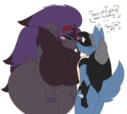 ass big_breasts blush blush_lines breasts dart(dewwydartz) dewwydartz female furry headband height_difference lucario nea(dewwydartz) pocky pocky_kiss pokemon pokemon_(species) purple_hair shared_food tail thick_thighs white_background wide_hips zoroark