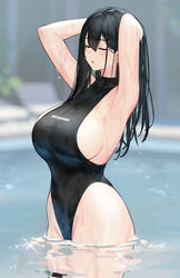 1girls 2021 armpits arms_behind_head arms_up bare_arms bare_shoulders big_breasts black_hair black_swimsuit blurry blurry_background breasts busty classy-black-haired_girl_(hayabusa) closed_eyes female female_only hair_between_eyes hayabusa highleg highleg_swimsuit highres large_breasts long_hair mole mole_under_mouth one-piece_swimsuit open_mouth original outdoors partially_submerged pool pose posing sexy_armpits sideboob signature solo standing swimsuit thick_thighs thigh_strap thighs tongue wading water wet