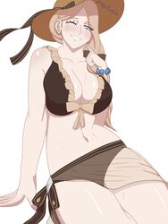 1girls alternate_costume bikini black_bikini black_swimsuit blonde_hair bra breasts brown_bikini brown_swimsuit cleavage finger_to_face fire_emblem fire_emblem:_three_houses fire_emblem_heroes hair_over_shoulder hiddenfuchsia huge_breasts long_hair looking_at_viewer mercedes_von_martritz mercedes_von_martritz_(summer) navel nintendo one_eye_closed purple_eyes redfushsia sarong side_ponytail smile solo solo_female sun_hat sweat swimsuit thick_thighs