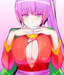 1girls arc_the_lad blush breasts cleavage embarrassed female female_only gel_(guyver123) hands_on_breasts japanese_clothes kukuru large_breasts light-skinned_female light_skin long_hair necklace paizuri_invitation ponytail purple_eyes purple_hair sash scarf solo torn_clothes wide_sleeves