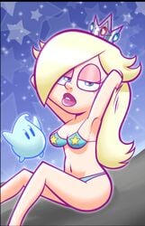 1girls bikini blonde_hair blue_eyes breasts crown curvy hands_in_hair hi_res highres hotdiggedydemon hotdiggedydemon_(artist) luma mario_(series) pink_eyeshadow princess_rosalina purple_lips purple_lipstick royalty super_mario_galaxy upscaled