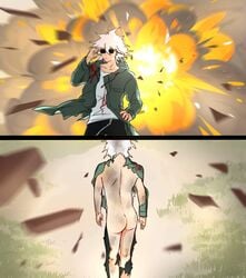 1boy 2koma ass attataata burnt_clothes clothing_damage danganronpa danganronpa_2:_goodbye_despair dirty explosion funny goes_hard humor male male_focus male_only meme nagito_komaeda solo solo_focus solo_male straight_hair sunglasses walking_away white_hair