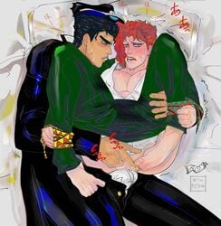 2boys ass_up clothing fingering flush foot_focus gay jojo's_bizarre_adventure jotaro_kujo male_only noriaki_kakyoin preparation stardust_crusaders sweat therytkak tied_up yaoi