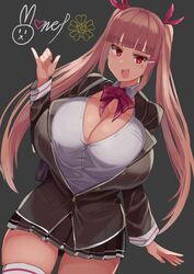 big_breasts bow button-up button_up_shirt cleavage facominn fully_clothed hair_ribbon huge_breasts large_breasts mole_on_cheek monet_(facominn) original peach_hair pinky_out red_eyes school_jacket school_uniform short_skirt snaggle_tooth stockings thick_thighs